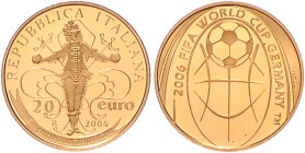 Italien-Republik. 
20 Euro 2004, GOLD (6,452 g 900 f.), Fußball-WM 2006 in Deutschland, Kostümfußballspieler. Schön&nbsp;246, KM&nbsp;243, Fb.&nbsp;1...