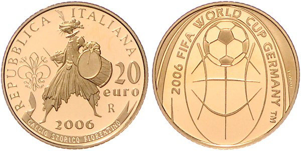 Italien-Republik. 
20 Euro 2006, GOLD (6,452 g 900 f.), Fußball-WM 2006 in Deut...