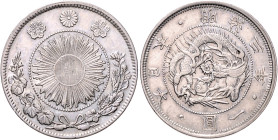 Japan. 
Mutsuhito 1867-1912. 1 Yen 1870, Typ 1, Silber, 26,88 g. KM&nbsp;Y5.1, Schön&nbsp;40. 


vz
