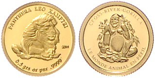 Kamerun. 
1500 Francs 2010 u. 2011, beide GOLD (je 0,5 g 999 f.), Löwe u. Goril...