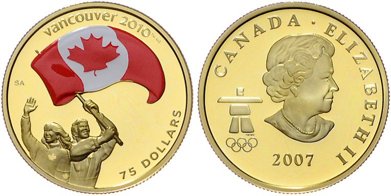 Kanada. 
75 Dollars 2007, GOLD (12,0 g 583.3 fein) mit Farbdekor, Olympic Winte...