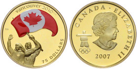Kanada. 
75 Dollars 2007, GOLD (12,0 g 583.3 fein) mit Farbdekor, Olympic Winter Games Vancouver (3. Ausg., 1. Teil), Sportler mit Nationalflagge. Sc...