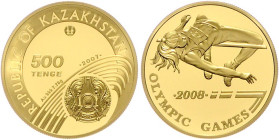 Kasachstan. 
500 Tenge 2007, GOLD (7,78 g 999 fein), Olymp. Spiele in Peking, Hochsprung. Parch.&nbsp;450, KM&nbsp;167, Schön&nbsp;131. in Kapsel. 
...