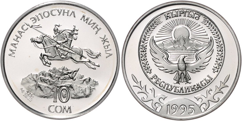 Kirgisistan. 
10 Som 1995, Silber (28,28 g 925 fein), 1000 Jahre Heldenepos "Ma...