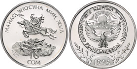 Kirgisistan. 
10 Som 1995, Silber (28,28 g 925 fein), 1000 Jahre Heldenepos "Manas". Schön&nbsp;1, KM&nbsp;1. Auflage 5000 Ex., in Orig.-Kapsel, im O...