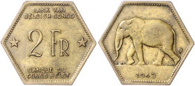 Kongo. 
Kongo (Kinshasa). 
Belgisch Kongo. Leopold III. 1934-1950. 2 Francs 1943 u. 1 Franc 1944, beide Messing u. mit Elefantenmotiv. Schön&nbsp;25...