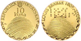Kroatien. 
10 Kuna 2009, GOLD (0,5 g 999 f.) Louis Braille, Erfinder der Blindenschrift. Schön&nbsp;96, KM&nbsp;94. mwst.-befreit, in Kapsel, 2 Stück...