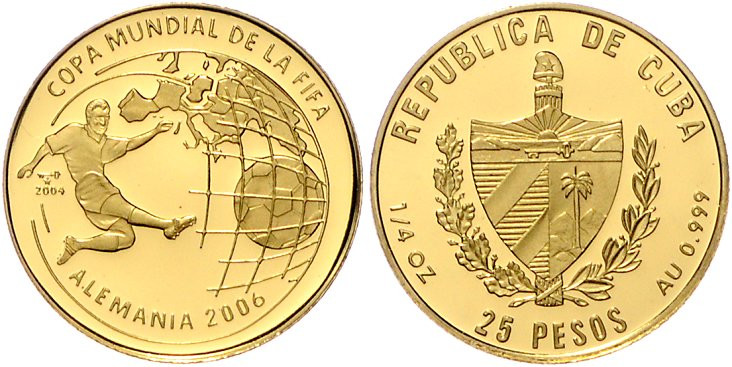 Kuba. 
25 Pesos 2004, GOLD (7,78 g 999 f.), Fußball-WM 2006 in Deutschland. Sch...