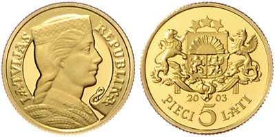 Lettland. 
Republik seit 1991. 5 Lati 2003, GOLD (1/25 Oz fein), Milda. Par.&nb...