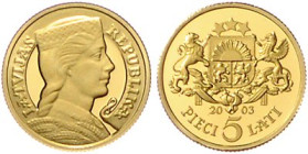 Lettland. 
Republik seit 1991. 5 Lati 2003, GOLD (1/25 Oz fein), Milda. Par.&nbsp;251, Fb.&nbsp;25. mehrwertsteuerbefreit, in Kapsel. 


PP
