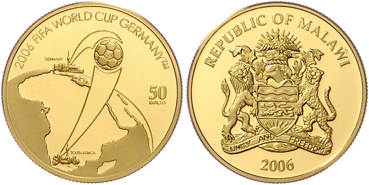 Malawi. 
50 Kwacha 2006, GOLD (7,78 g 585 f.), Fußball-WM 2006 in Deutschland. ...