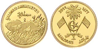 Malediven. 
20 Rufiyaa 2011, GOLD (0,5 g 999 f.), Anemonenfische. Schön&nbsp;73...