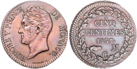 Monaco. 
Honoré V. 1819-1841. 5 Centimes 1837 MC, Kupfer, kleiner Kopf. KM&nbsp;95.2a, Gad.&nbsp;MC&nbsp;102. 


kleiner Rf., ss-vz