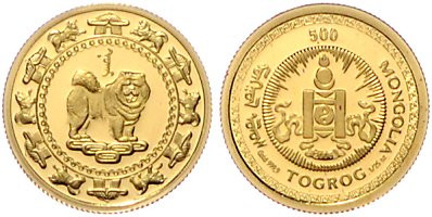 Mongolei. 
500 Tögrög 2006, GOLD (1,24 g 999.9 f.), Chinesischer Tierkreis, Jah...