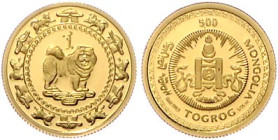 Mongolei. 
500 Tögrög 2006, GOLD (1,24 g 999.9 f.), Chinesischer Tierkreis, Jahr des Hundes. Schön&nbsp;294. in Kapsel. 


PP