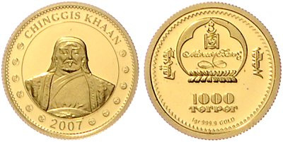 Mongolei. 
1000 Tögrög 2007, GOLD (1,0 g 999.9 f.), Chinggis Khaan. mehrwertste...