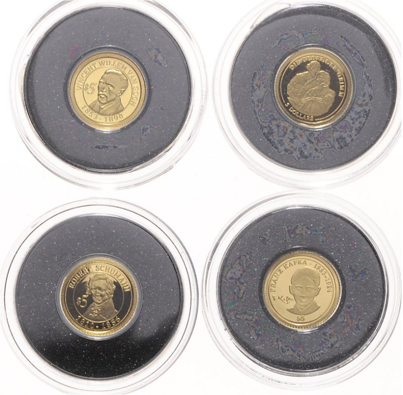 Nauru. 
4x 5 Dollars, GOLD (je 0,5 g 999 f.): 2008, Franz Kafka u. Brüder Grimm...