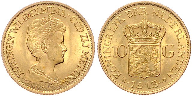 Niederlande-Königreich. 
Wilhelmina 1890-1948. 10 Gulden 1913, GOLD. KM&nbsp;14...