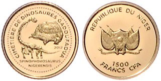 Niger. 
1500 Francs 2012, GOLD (0,5 g 585 f.), Dinosaurier-Friedhof Gadoufaoua....