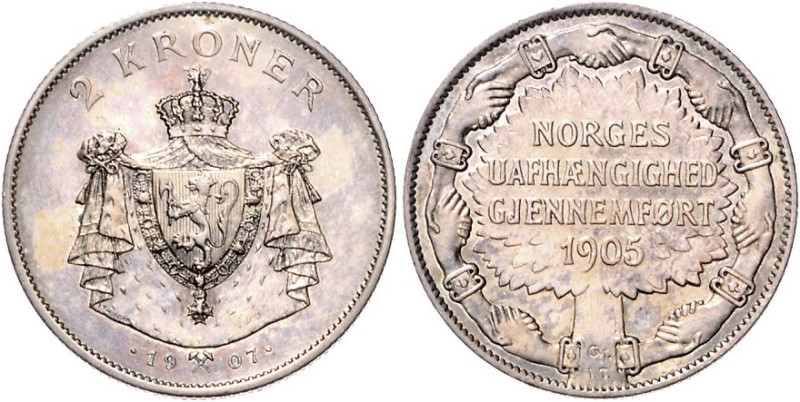 Norwegen. 
Haakon VII. 1905-1957. 2 Kroner 1907, Silber, Unabhängigkeit. Schön&...