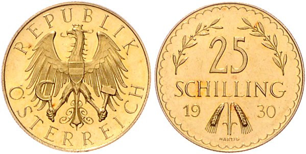 Österreich. 
Erste Republik 1918-1938. 25 Schilling 1930, GOLD, Jaeger/J. 436. ...
