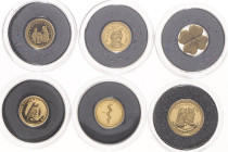 Palau. 
6 verschied. 1-Dollar-Münzen, alle GOLD (zus. 3,74 g 999 f.): 2006, Buffalo Weaver, 2007, vierblättr. Kleeblatt, 2007, Weihnachten (Three Wis...