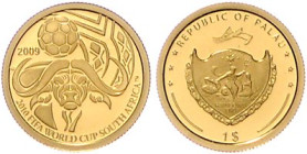 Palau. 
1 Dollar 2009, GOLD (1,0 g 999 f.), Fußball-WM in Südafrika, Kaffernbüffel mit Fußball. Schön&nbsp;139, KM&nbsp;178. Aufl. 5.000 Ex., mehrwer...