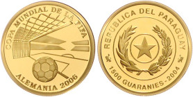 Paraguay. 
1500 Guaranies 2004, GOLD (7,78 g 999 f.), Fußball-WM 2006 in Deutschland. Schön&nbsp;204, KM&nbsp;203, Fb.&nbsp;29. in Kapsel, mit Echthe...