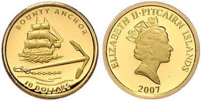 Pitcairn. 
10 Dollars 2007, GOLD (1/25 oz 999.9 f.), Bounty Anchor. in Kapsel. ...