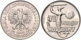 Polen. 
Volksrepublik. Probe. 10 Zlotych 1965, CuNi, 700 Jahre Warschau. Par.&nbsp;P253a, Fi.&nbsp;P098. Aufl. nur 30.120 Ex.. 


stfr