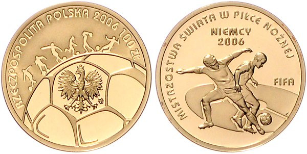 Polen. 
Dritte Republik seit 1989. 100 Zloty 2006, GOLD (8,0 g 900 f.), Fußball...
