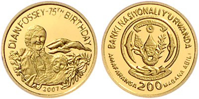 Ruanda. 
200 Francs (Amafaranga) 2007, GOLD (1,0 g 999 f.), Dian Fossey mit Ber...