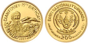 Ruanda. 
200 Francs (Amafaranga) 2007, GOLD (1,0 g 999 f.), Dian Fossey mit Berggorilla. Schön&nbsp;31, KM&nbsp;28. mehrwertsteuerbefreit, in Kapsel....