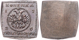 Russland. 
Katharina I. 1725-1727. Kopeke 1726, Ekaterinburg, einseitige Kupfer-Klippe, Novodel, 26,1 x 26,0 mm, 19,06 g, zu Brekke 34. Usd.&nbsp;407...