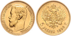 Russland. 
Nikolaus II. 1894-1917. 5 Rubel 1898 AG, GOLD. Usd.&nbsp;0328, Bitkin&nbsp;20, Fb.&nbsp;180. 


f. vz