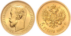 Russland. 
Nikolaus II. 1894-1917. 5 Rubel 1902 AR, GOLD. Usd.&nbsp;0344, Bitkin&nbsp;29, Fb.&nbsp;180. 


f. stfr