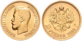 Russland. 
Nikolaus II. 1894-1917. 10 Rubel 1899 AG, GOLD. Usd.&nbsp;0331, Bitkin&nbsp;4, Fb.&nbsp;179. mehrwertsteuerbefreit.. 


winz. Rf., ss/v...