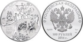 Russland. 
Russische Föderation seit 1991. 100 Rubel 2014, Silber (1083 g 925 fein = 1 kg Feinsilber), Olymp. Winterspiele in Sotschi 2014, Motiv: Wi...