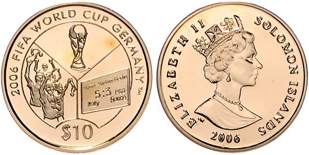 Salomonen. 
10 Dollars 2006, GOLD (7,78 g 585 f.), Fußball-WM 2006 in Deutschla...