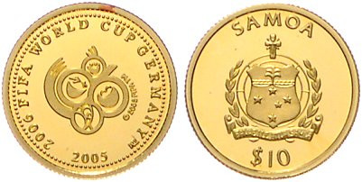 Samoa. 
10 Tala 2005, GOLD (1,24 g 999.9 f.), Fußball-WM 2006 in Deutschland. S...