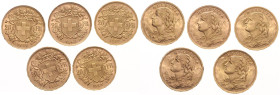 Schweiz-Eidgenossenschaft. 
20 Franken 1914 B, 1927 B, 1930 B, 1935 LB u. 1947 B, alle GOLD. zus. 5 St., alle mehrwertsteuerbefreit.. 


vz u. bes...