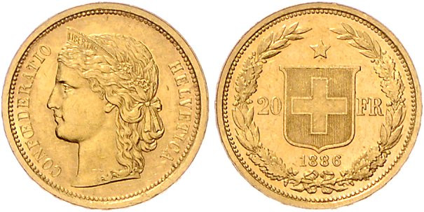 Schweiz-Eidgenossenschaft. 
20 Franken 1886 B, GOLD. HMZ&nbsp;2-&nbsp;1194b, Fb...