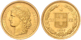 Schweiz-Eidgenossenschaft. 
20 Franken 1886 B, GOLD. HMZ&nbsp;2-&nbsp;1194b, Fb.&nbsp;495. mehrwertsteuerbefreit.. 


winz. Kratzer, vz
