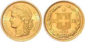 Schweiz-Eidgenossenschaft. 
20 Franken 1886 B, GOLD. HMZ&nbsp;2-&nbsp;1194b, Fb.&nbsp;495. mehrwertsteuerbefreit.. 


winz. Rdu, vz