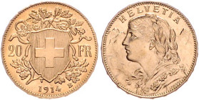 Schweiz-Eidgenossenschaft. 
20 Franken 1914 B, GOLD. HMZ&nbsp;2-&nbsp;1195s, Fb.&nbsp;499. mehrwertsteuerbefreit.. 


stempelfrisch