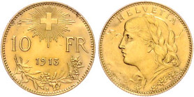 Schweiz-Eidgenossenschaft. 
10 Franken 1913 B, GOLD. HMZ&nbsp;2-&nbsp;1196c, Fb.&nbsp;504. mehrwertsteuerbefreit.. 


winz. Kratzer, vz