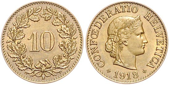 Schweiz-Eidgenossenschaft. 
10 Rappen 1918, Messing, Schön 25a. HMZ&nbsp;2-&nbs...