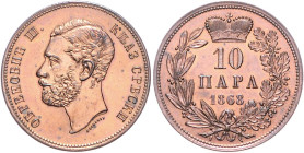 Serbien. 
Michael III. Obrenowitsch 1839-1842, 1860-1868. 10 Para 1868, Kupfer. Kahnt/Schön&nbsp;3, KM&nbsp;3. 


vz-stfr