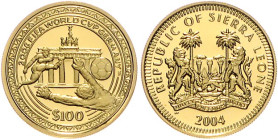 Sierra Leone. 
100 Dollars 2004, GOLD (6,22 g 999 f.), Fußball-WM 2006 in Deutschland. KM&nbsp;394. mehrwertsteuerbefreit, in Kapsel, mit Echtheitsze...
