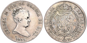 Spanien. 
Isabel II. 1833-1868. 4 Reales 1835 DR, Sevilla, Silber, 5,90 g, Cal. 470. KM&nbsp;510.2. 


f. ss/ss